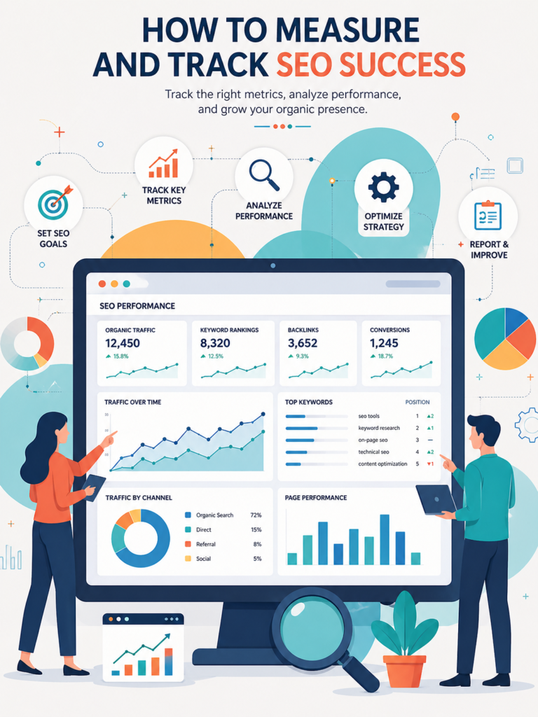 Infographic on how to measure and track SEO success, showing a 5-step framework and an SEO performance dashboard with metrics like organic traffic, keyword rankings, backlinks, and conversions