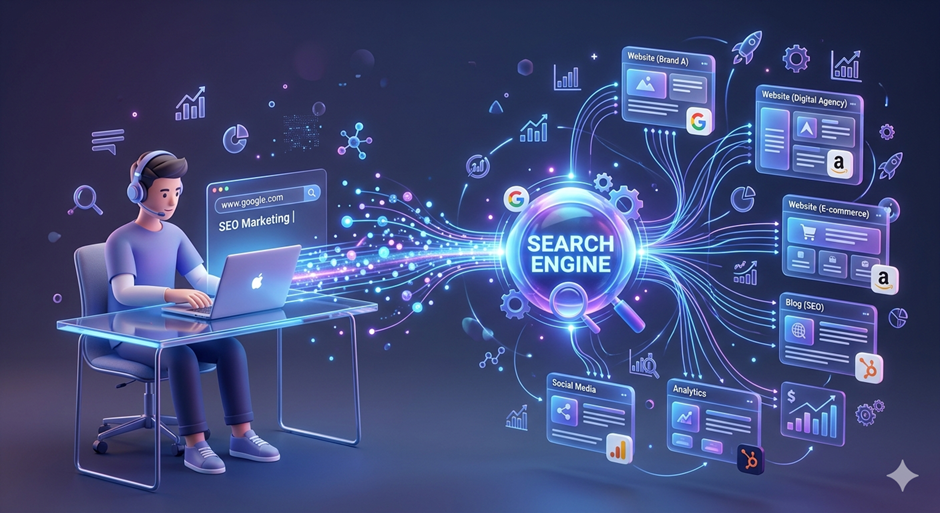 What is SEO in digital marketing 3D illustration showing how SEO connects a user's Google search to multiple websites, blogs, social media, and analytics platforms