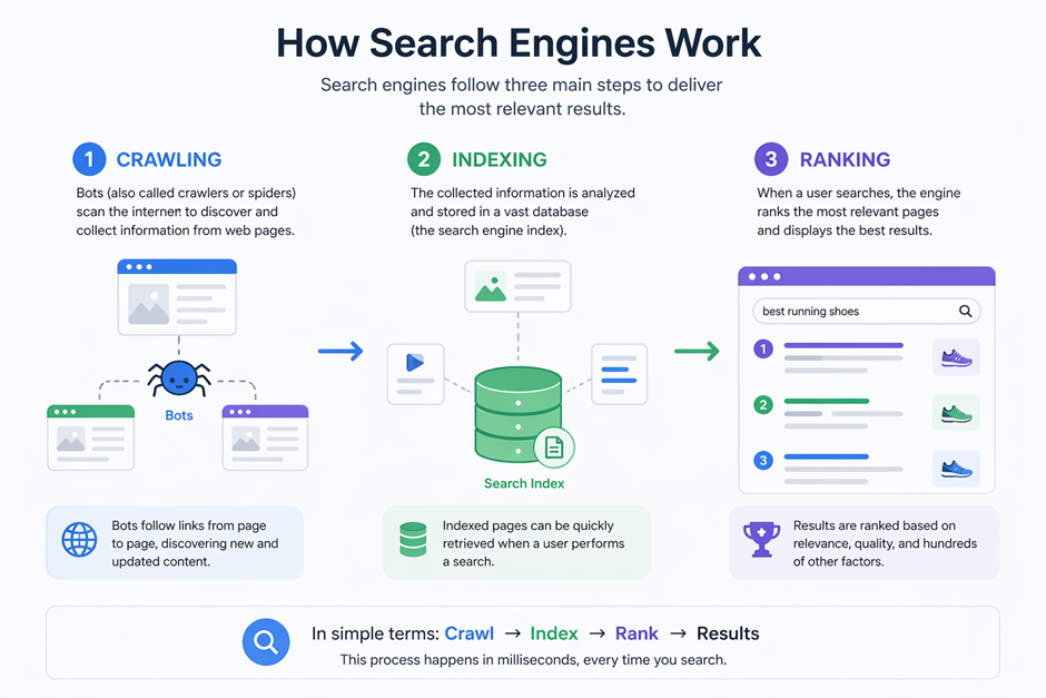 What is SEO in digital marketing Infographic illustrating the three steps of how search engines work: crawling, indexing, and ranking