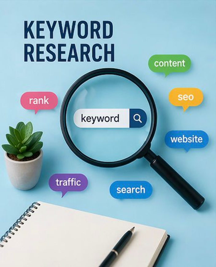 Keyword research concept illustration with a magnifying glass and related SEO terms: rank, content, SEO, website, search, and traffic