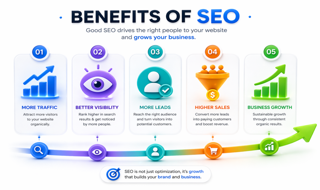 Infographic showing the 5 benefits of SEO: more traffic, better visibility, more leads, higher sales, and business growth