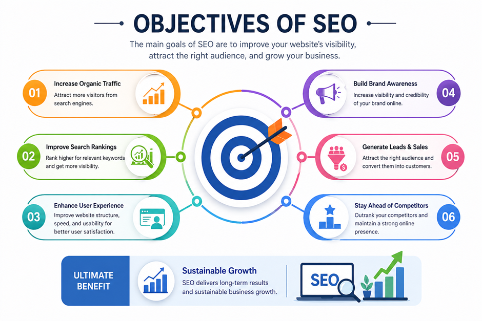 Infographic outlining the 6 main objectives of SEO: increasing organic traffic, improving search rankings, enhancing user experience, building brand awareness, generating leads and sales, and staying ahead of competitors