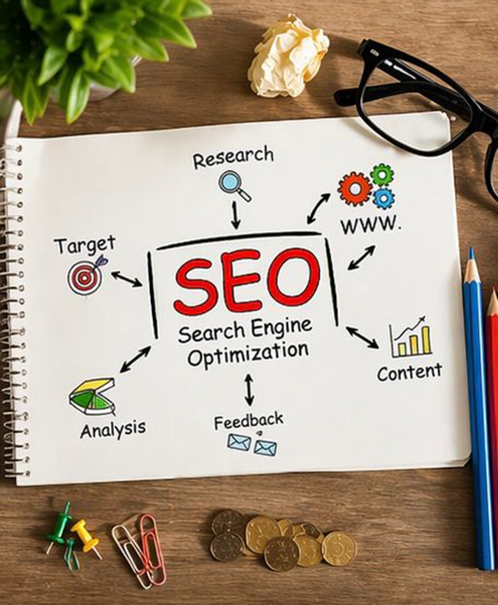 Hand-drawn SEO mind map in a notebook showing key components: research, WWW, content, feedback, analysis, and target