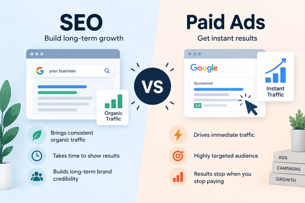 SEO vs paid ads comparison graphic