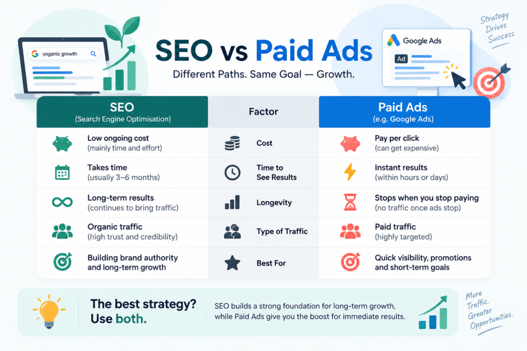 Table comparing SEO and paid ads by cost, time, and longevity